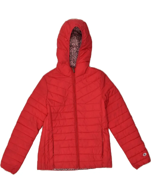 men's bomber jackets -CHAMPION Girls Hooded Padded Jacket 10-11 Years Medium Red Polyester