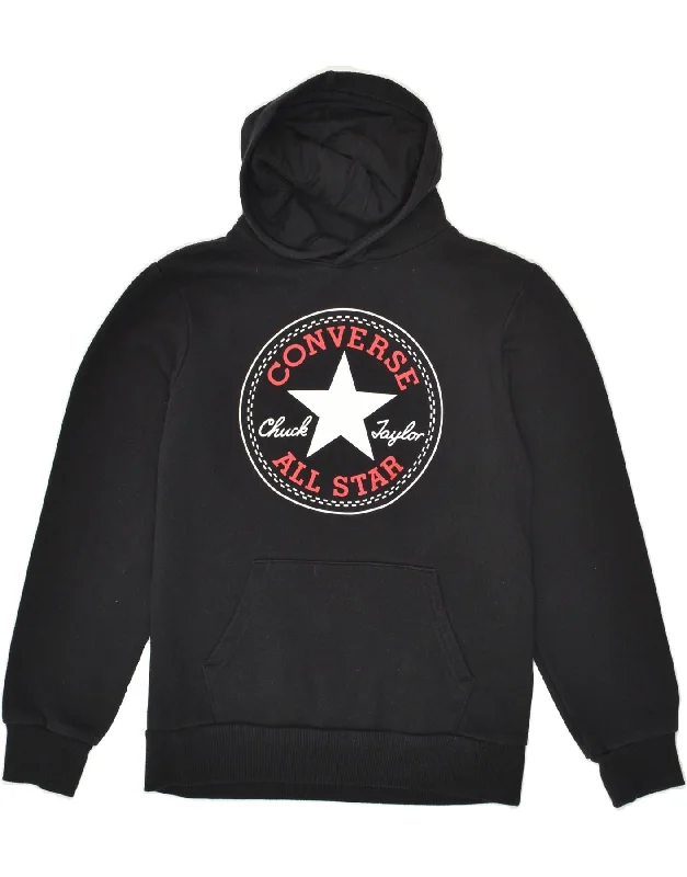 men's stylish fleece hoodies -CONVERSE Boys Graphic Hoodie Jumper 12-13 Years Large Black Cotton