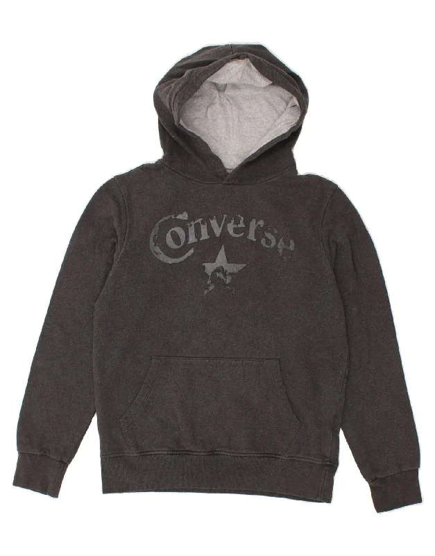 men's solid color sweatshirts -CONVERSE Boys Graphic Hoodie Jumper 13-14 Years Grey Cotton