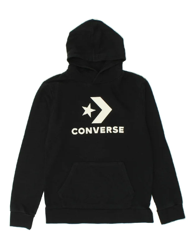 men's pullover sweatshirts -CONVERSE Boys Graphic Hoodie Jumper 13-14 Years XL Black Cotton