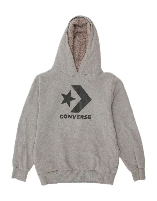 men's zip hoodie with contrast sleeves -CONVERSE Boys Graphic Hoodie Jumper 13-14 Years XL  Grey Cotton