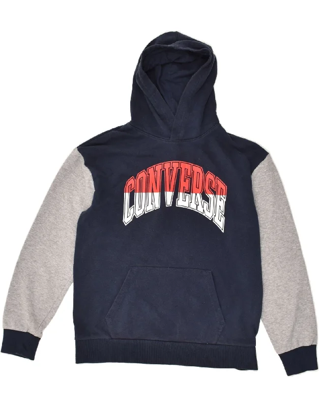 men's winter pullover sweatshirts -CONVERSE Boys Graphic Hoodie Jumper 13-14 Years XL Navy Blue Colourblock