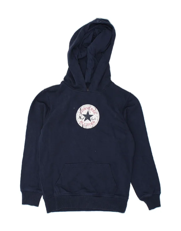 men's workout hoodies -CONVERSE Boys Graphic Hoodie Jumper 9-10 Years Navy Blue Cotton