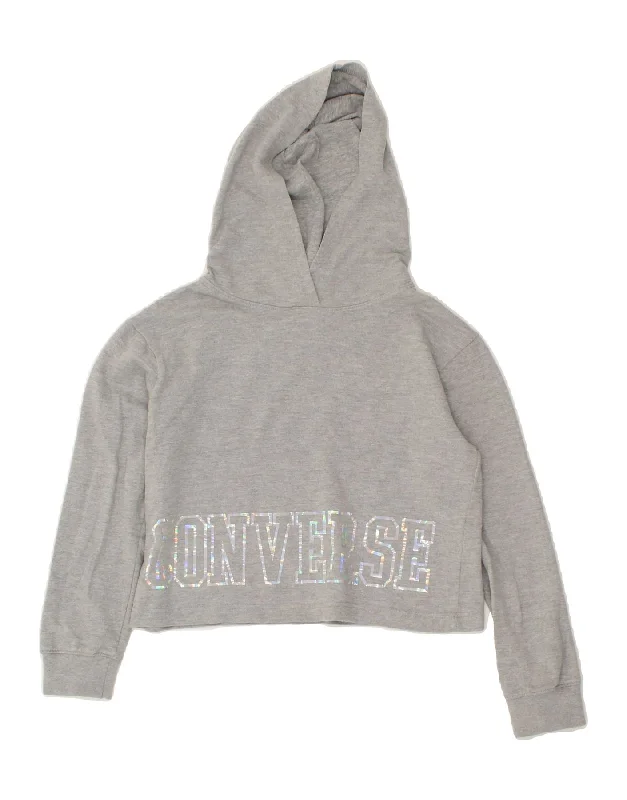 men's thick pullover hoodies -CONVERSE Girls Graphic Crop Hoodie Jumper 10-11 Years Medium Grey Cotton