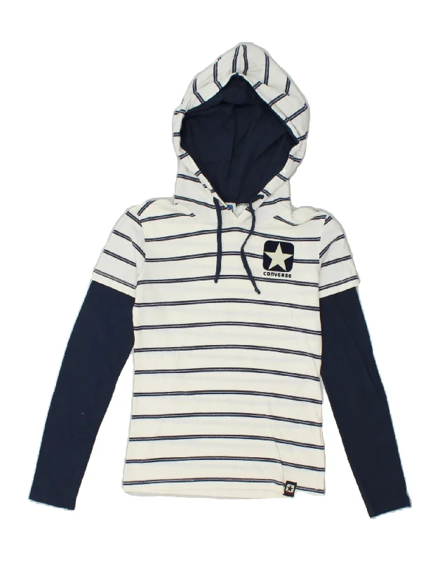 men's heavy fleece sweatshirts -CONVERSE Girls Graphic Hoodie Jumper 10-11 Years Medium Off White Striped