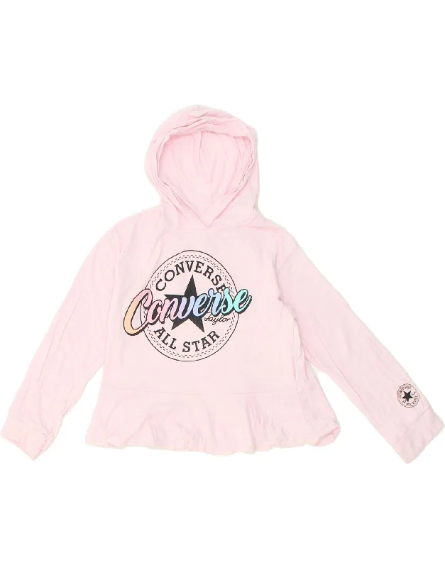 men's hoodie with drawstrings -CONVERSE Girls Graphic Hoodie Jumper 8-9 Years Small Pink Cotton