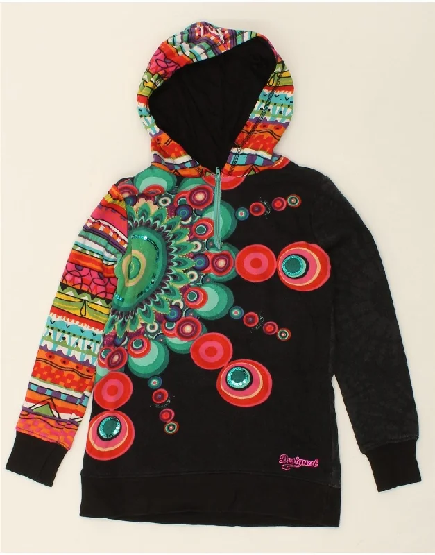 men's hoodie with zip pockets -DESIGUAL Girls Hoodie Jumper 9-10 Years Black Patchwork Cotton