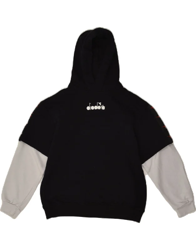 men's workout zip-up hoodies -DIADORA Boys Graphic Hoodie Jumper 13-14 Years Black Colourblock Cotton