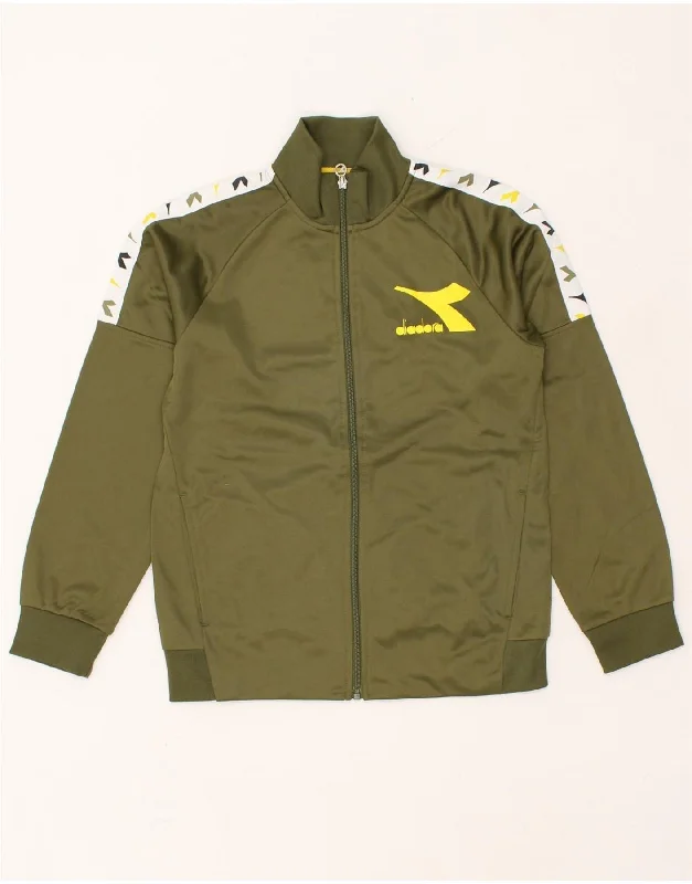 men's outdoor adventure jackets -DIADORA Boys Graphic Tracksuit Top Jacket 13-14 Years XL Khaki Colourblock