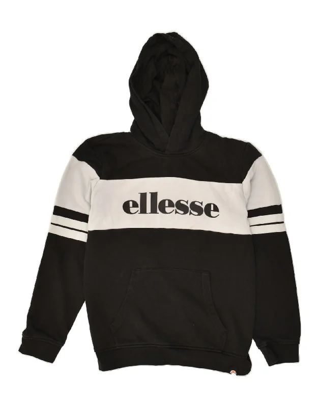 men's athletic fit hoodies -ELLESSE Boys Graphic Hoodie Jumper 11-12 Years Black Colourblock Cotton