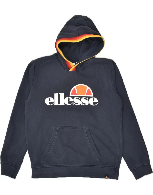 casual wear sweatshirts for men -ELLESSE Boys Graphic Hoodie Jumper 13-14 Years Navy Blue Cotton