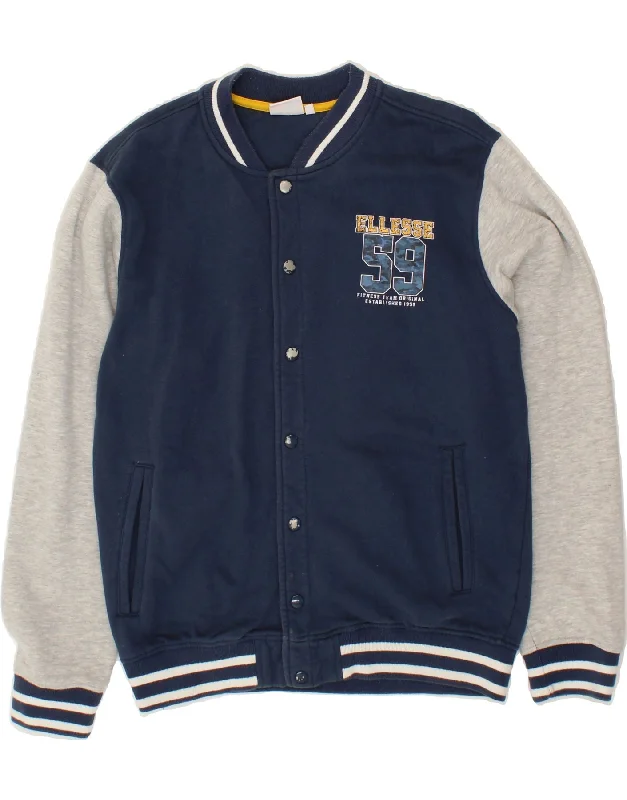 men's puffer jackets -ELLESSE Boys Graphic Varsity Jacket 13-14 Years XL Navy Blue Colourblock