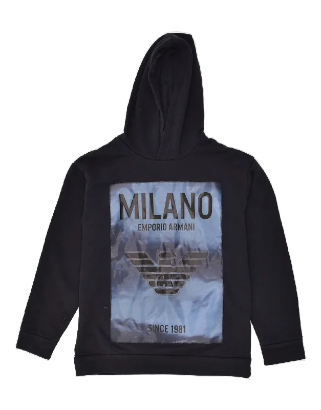 men's zip-up athletic sweatshirts -EMPORIO ARMANI Boys Milano Graphic Hoodie Jumper 13-14 Years Black Cotton