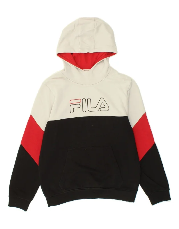 men's pullover hoodie with pockets -FILA Boys Graphic Hoodie Jumper 11-12 Years Black Colourblock Cotton