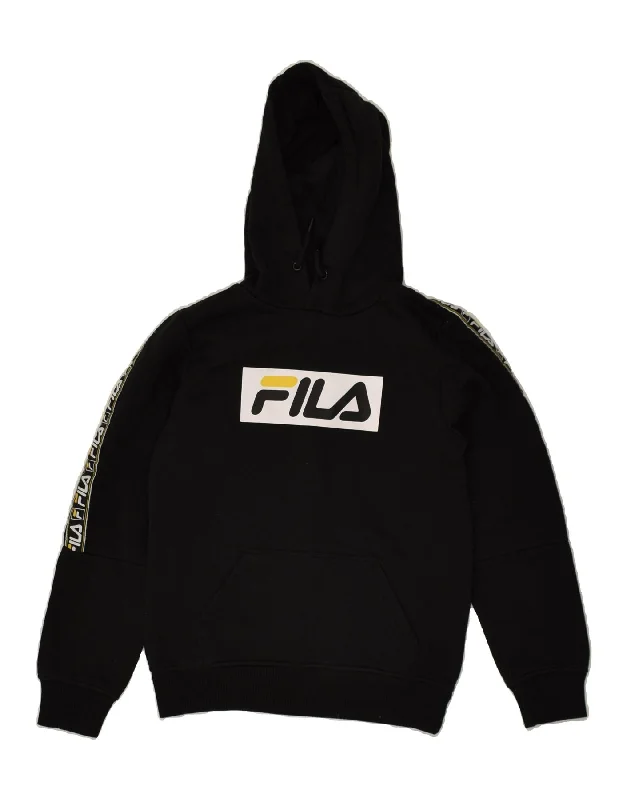 trendy zip-up sweatshirts for men -FILA Boys Graphic Hoodie Jumper 9-10 Years Black Cotton