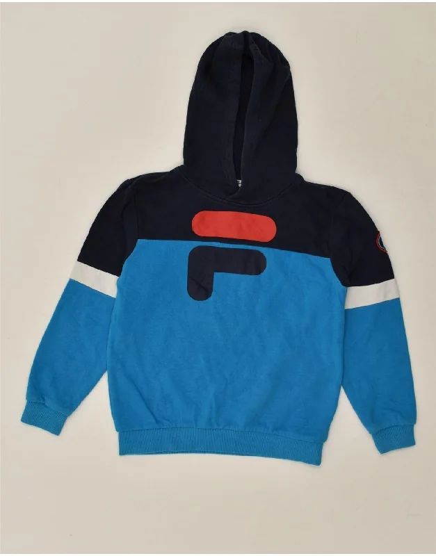 men's plain hoodies -FILA Boys Graphic Hoodie Jumper 9-10 Years Blue Colourblock Cotton