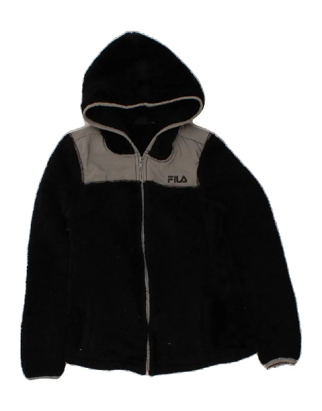 men's long trench jackets -FILA Boys Hooded Fleece Jacket 13-14 Years Large Black Colourblock