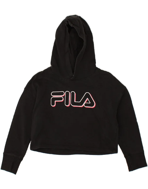 men's zip-up hoodies with pockets -FILA Girls Graphic Crop Hoodie Jumper 9-10 Years Black Cotton