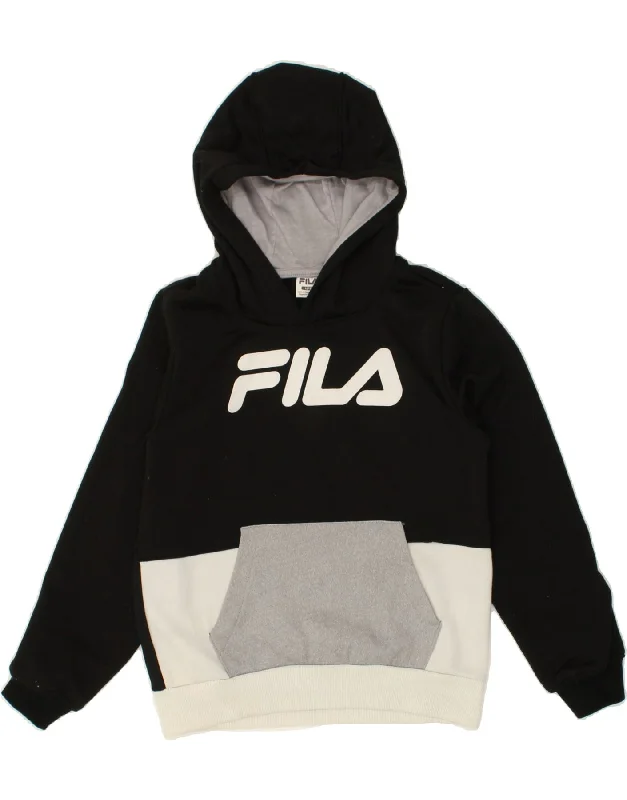 men's stylish sports hoodies -FILA Girls Graphic Hoodie Jumper 11-12 Years Large Black Colourblock