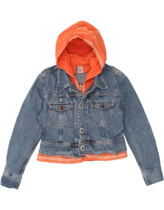 men's long jackets -FIORUCCI Girls Crop Hooded Denim Jacket 14-15 Years Blue Colourblock