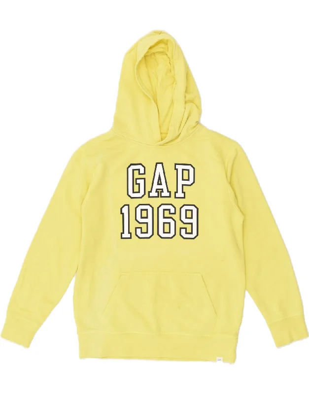 trendy graphic sweatshirts for men -GAP Boys Graphic Hoodie Jumper 14-15 Years 2XL Yellow Cotton