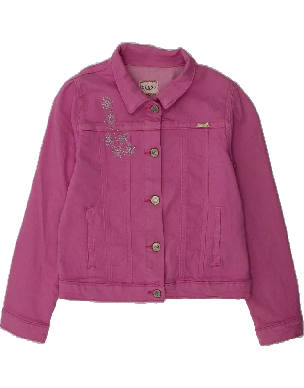 men's military jackets -GUESS Girls Denim Jacket 6-7 Years Pink Floral Cotton