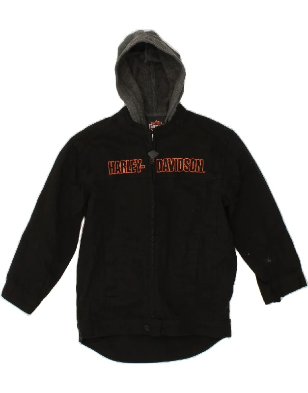 men's soft fleece jackets -HARLEY DAVIDSON Boys Graphic Hooded Bomber Jacket 4-5 Years Black Cotton