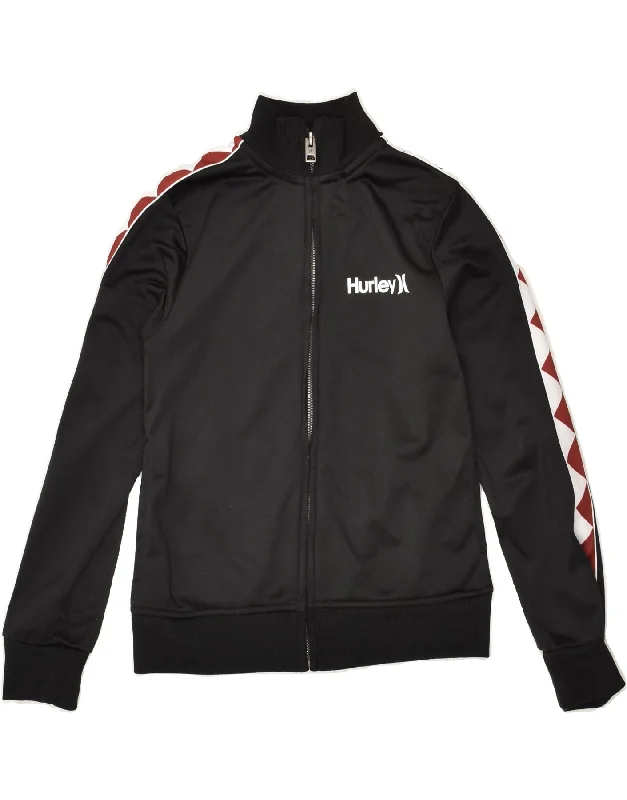 men's long jackets -HURLEY Boys Graphic Tracksuit Top Jacket 7-8 Years Black Colourblock