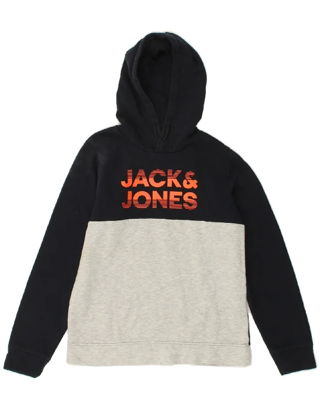 men's cool graphic sweatshirts -JACK & JONES Boys Graphic Hoodie Jumper 13-14 Years Navy Blue Colourblock