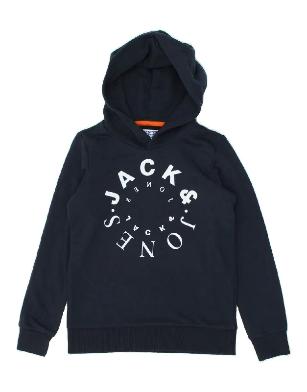 men's hoodie for hiking -JACK & JONES Boys Graphic Hoodie Jumper 9-10 Years Navy Blue Cotton