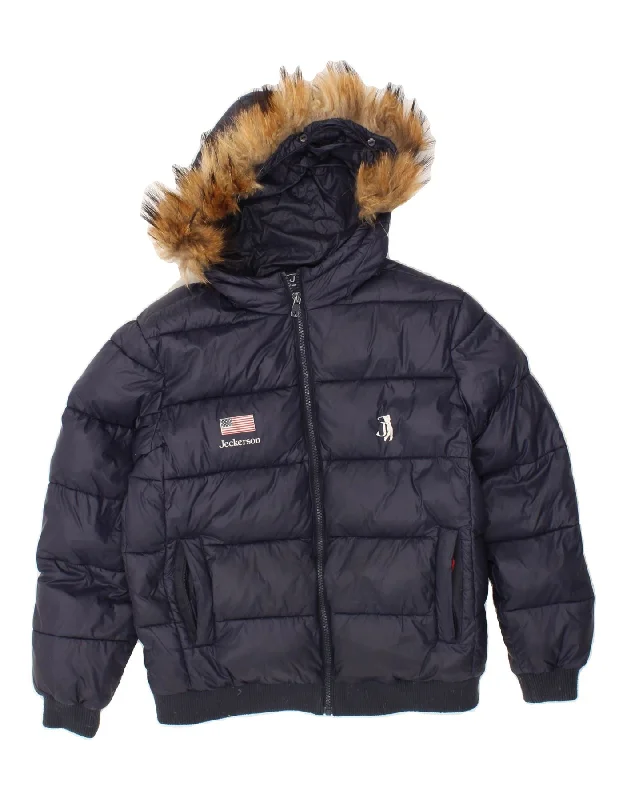 men's packable rain jackets -JECKERSON Boys Hooded Padded Jacket 13-14 Years Navy Blue Nylon