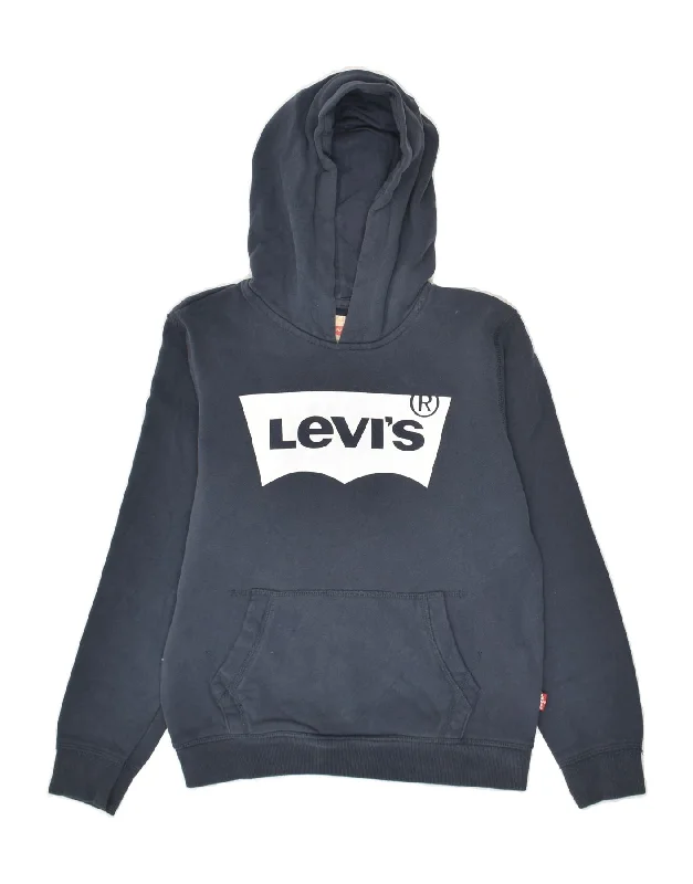 men's athletic fit hoodies -LEVI'S Boys Graphic Hoodie Jumper 11-12 Years Navy Blue Cotton