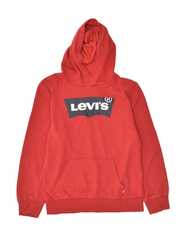 men's workout sweatshirts -LEVI'S Boys Graphic Hoodie Jumper 12-13 Years Large Red Cotton