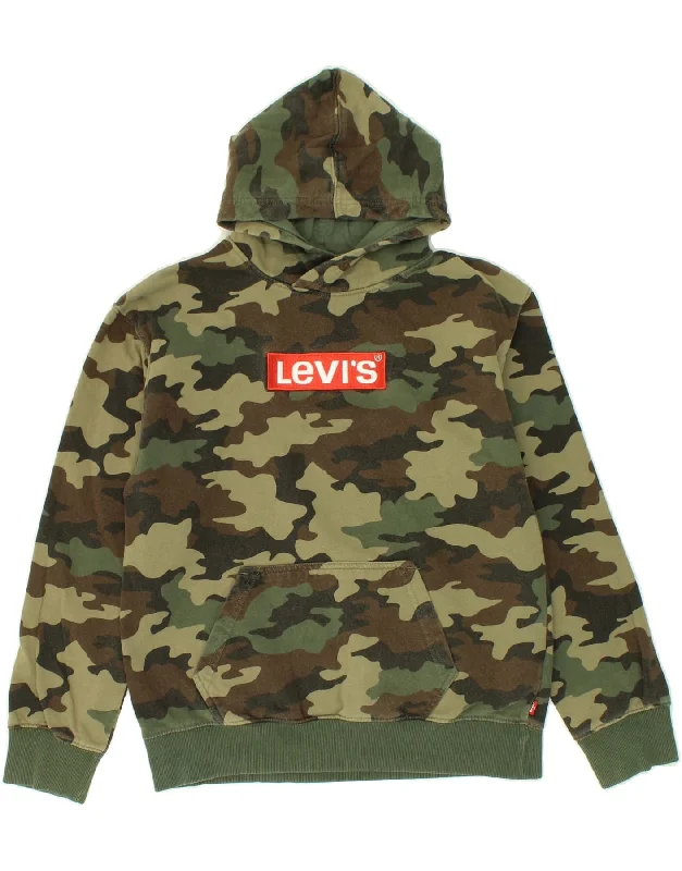 men's hoodie jackets -LEVI'S Boys Graphic Hoodie Jumper 13-14 Years Green Camouflage Cotton