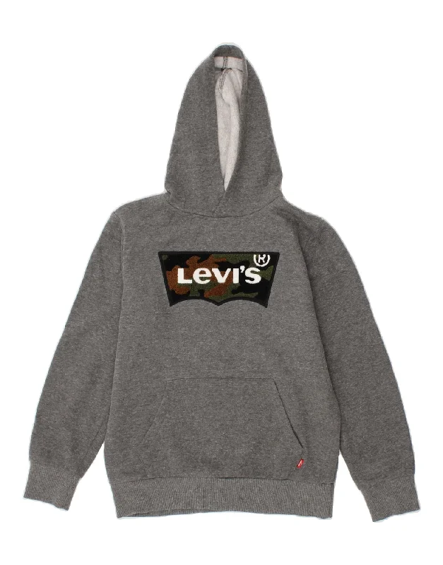 men's zip hoodie with high collar -LEVI'S Boys Graphic Hoodie Jumper 13-14 Years Grey Cotton