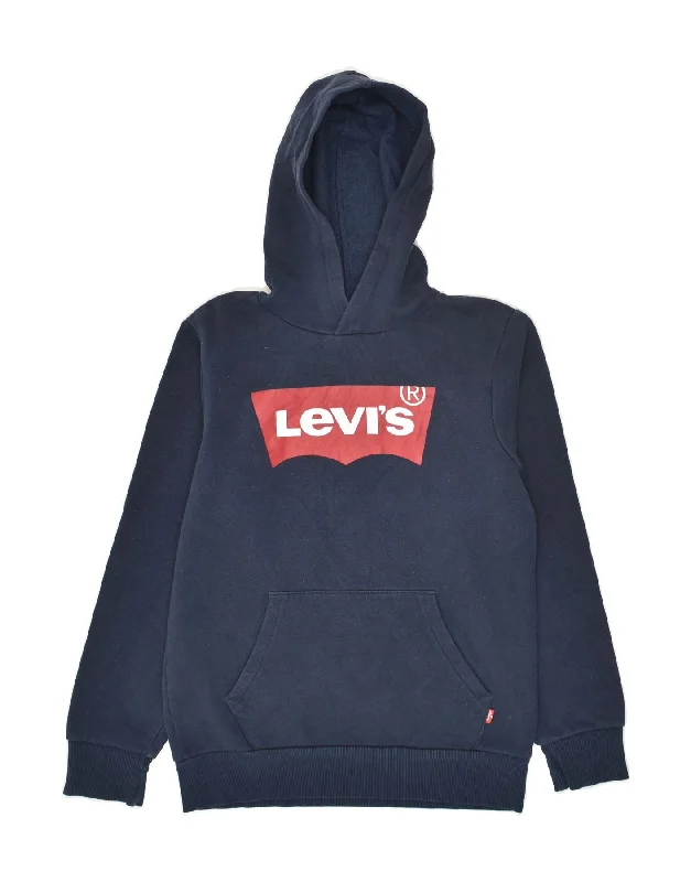 men's sporty hoodies -LEVI'S Boys Graphic Hoodie Jumper 13-14 Years Navy Blue Cotton