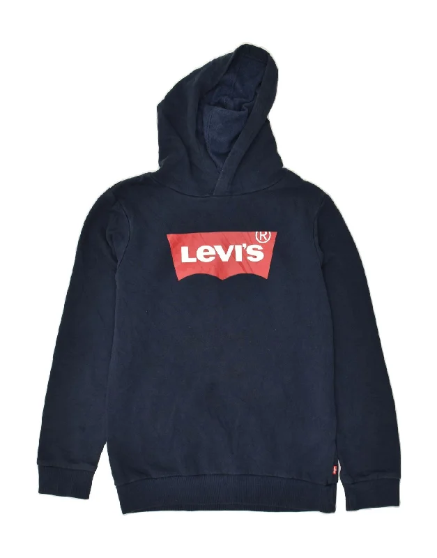 men's oversized sweatshirts for cold weather -LEVI'S Boys Graphic Hoodie Jumper 14-15 Years XL Navy Blue Cotton