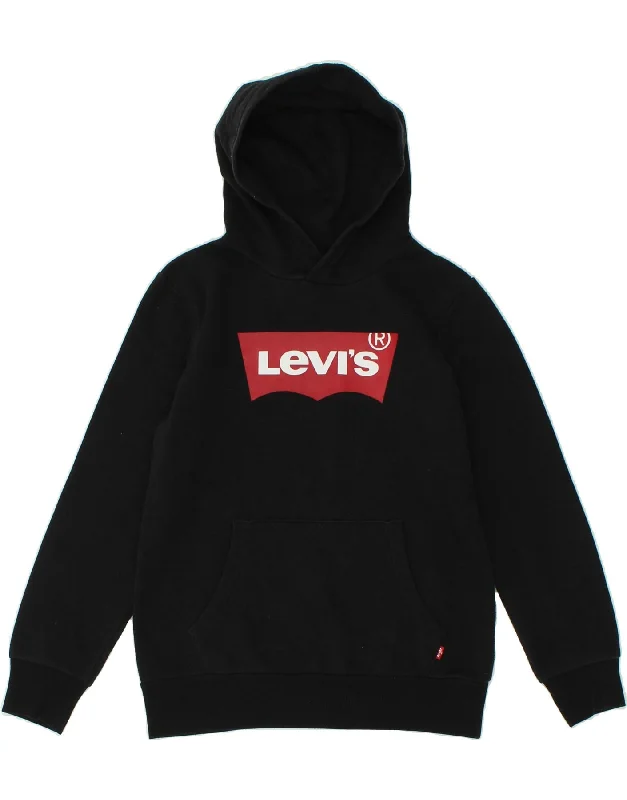 men's hoodies with quotes -LEVI'S Boys Graphic Hoodie Jumper 15-16 Years Black Cotton