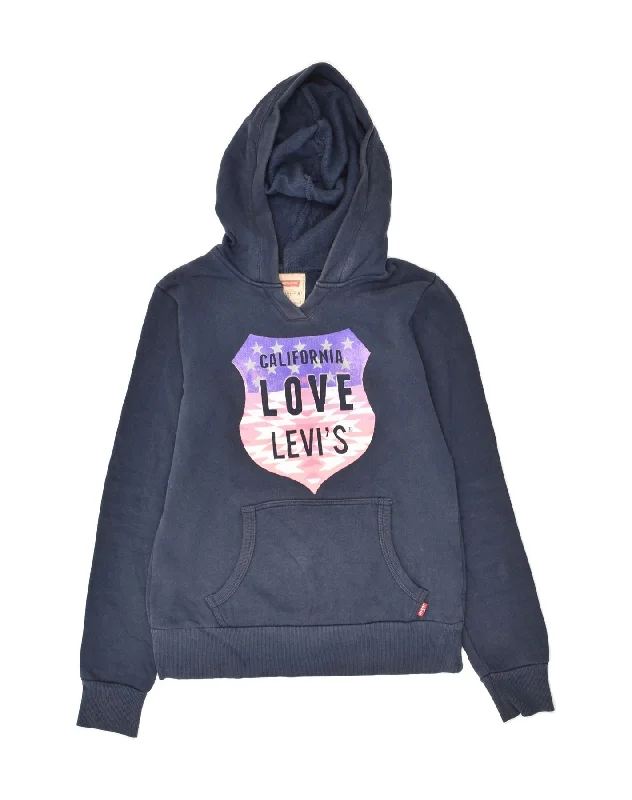 men's hoodie with zip pockets -LEVI'S Girls Graphic Hoodie Jumper 15-16 Years Navy Blue Cotton