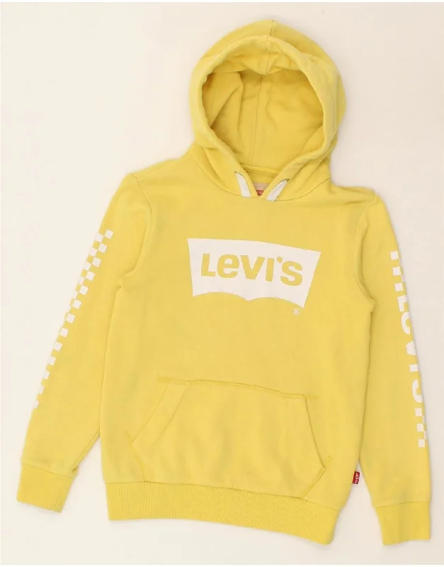 men's hoodies with quotes -LEVI'S Girls Graphic Hoodie Jumper 9-10 Years Yellow Cotton