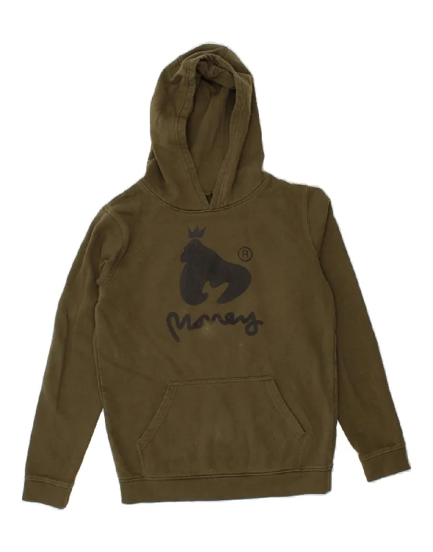 men's fleece zip-up hoodies -MONEY Boys Graphic Hoodie Jumper 14-15 Years Khaki Cotton