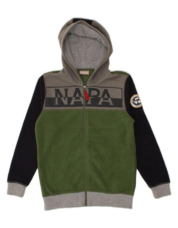 men's winter jackets with fur lining -NAPAPIJRI Boys Graphic Hooded Fleece Jacket 11-12 Years Green Colourblock