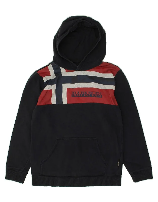 men's winter pullover sweatshirts -NAPAPIJRI Boys Graphic Hoodie Jumper 13-14 Years Navy Blue Colourblock