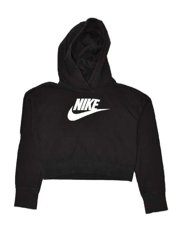 men's fleece sweatshirts for winter -NIKE Boys Crop Graphic Hoodie Jumper 12-13 Years Large Black Cotton