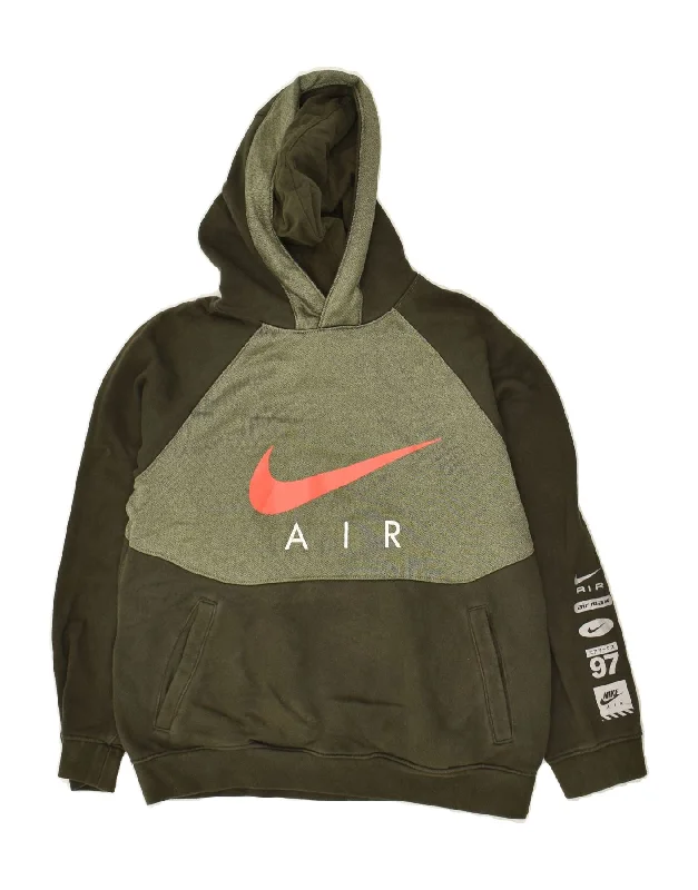 men's pullover sweatshirts -NIKE Boys Graphic Hoodie Jumper 12-13 Years Large Khaki Colourblock Cotton