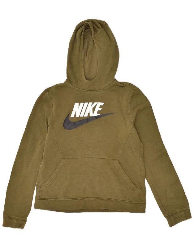 men's hoodie sweatshirts with designs -NIKE Boys Graphic Hoodie Jumper 12-13 Years Large Khaki Cotton