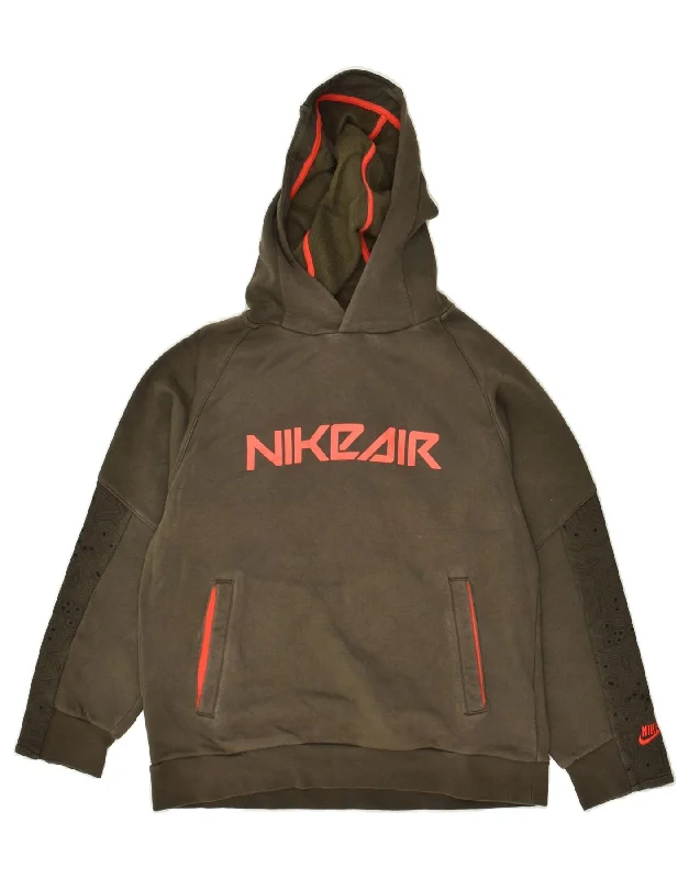 men's zip hoodie with contrast sleeves -NIKE Boys Graphic Hoodie Jumper 12-13 Years Large Khaki Cotton