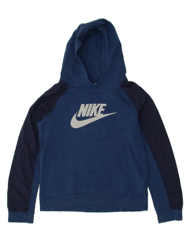 men's fashion hoodies for winter -NIKE Boys Graphic Hoodie Jumper 12-13 Years Large Navy Blue Colourblock