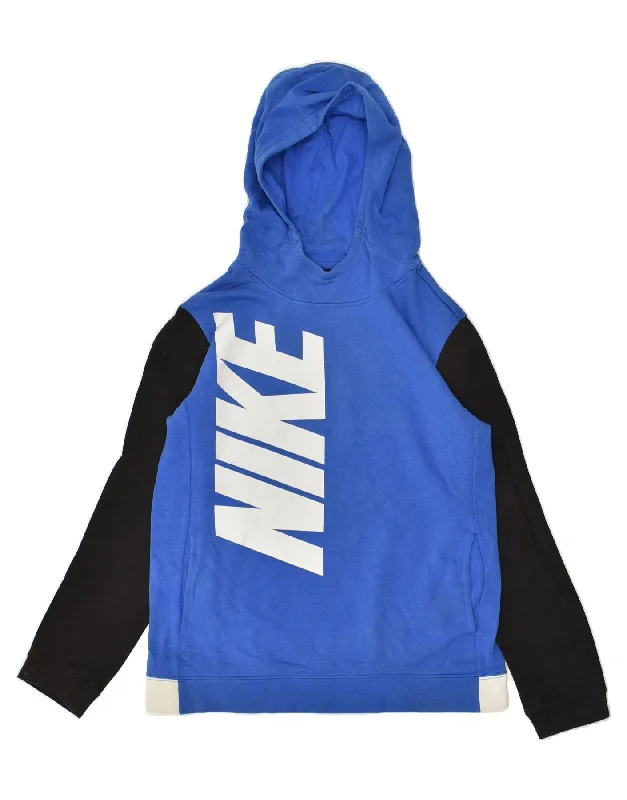 men's hoodie sweatshirt with graphics -NIKE Boys Graphic Hoodie Jumper 13-14 Years XL Blue Colourblock