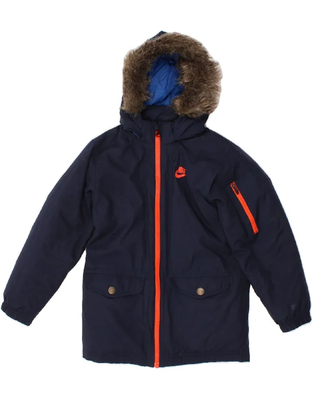 men's winter jackets -NIKE Boys Hooded Padded Jacket 10-11 Years Medium Navy Blue Polyester